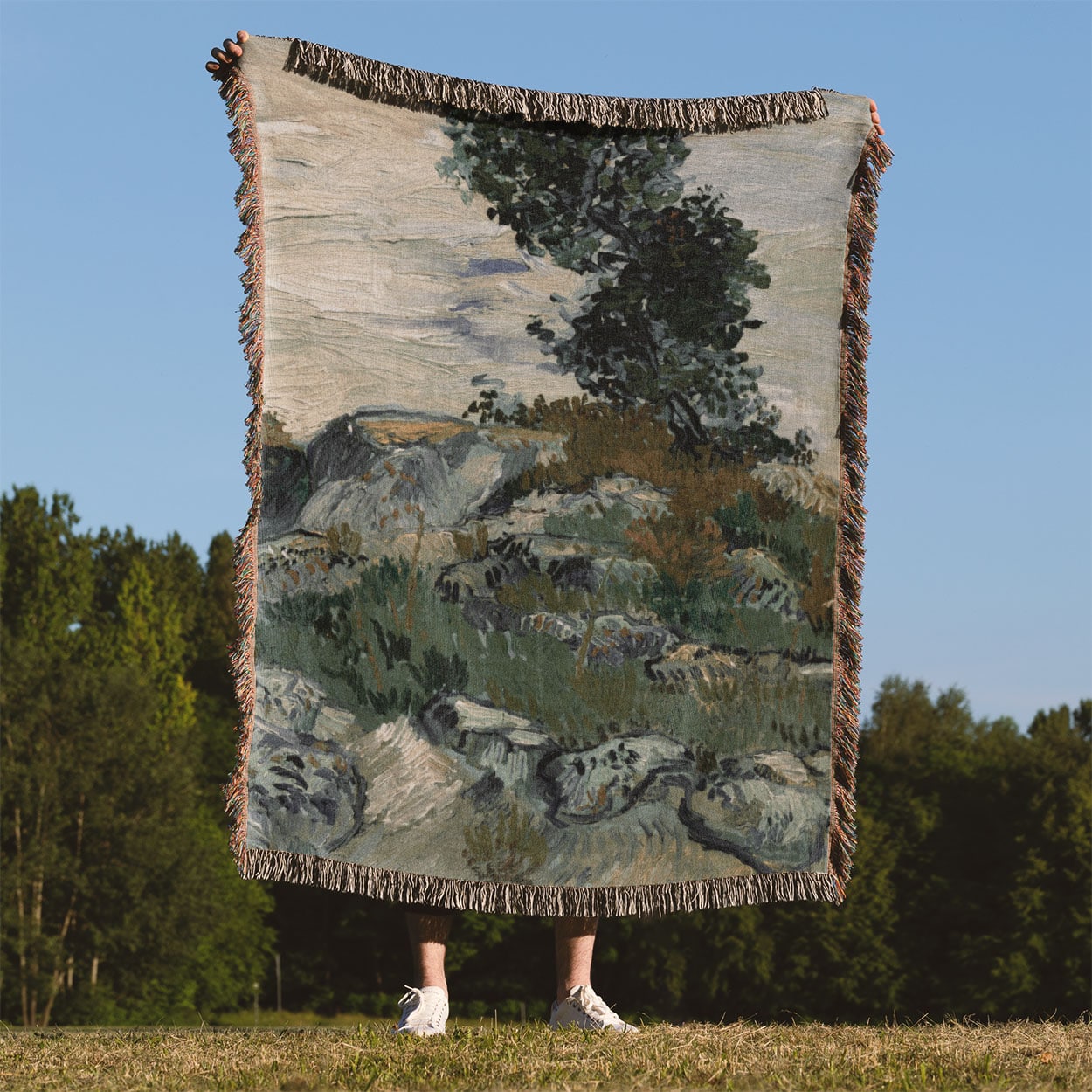 Green Aesthetic Landscape Woven Blanket Held Up Outside