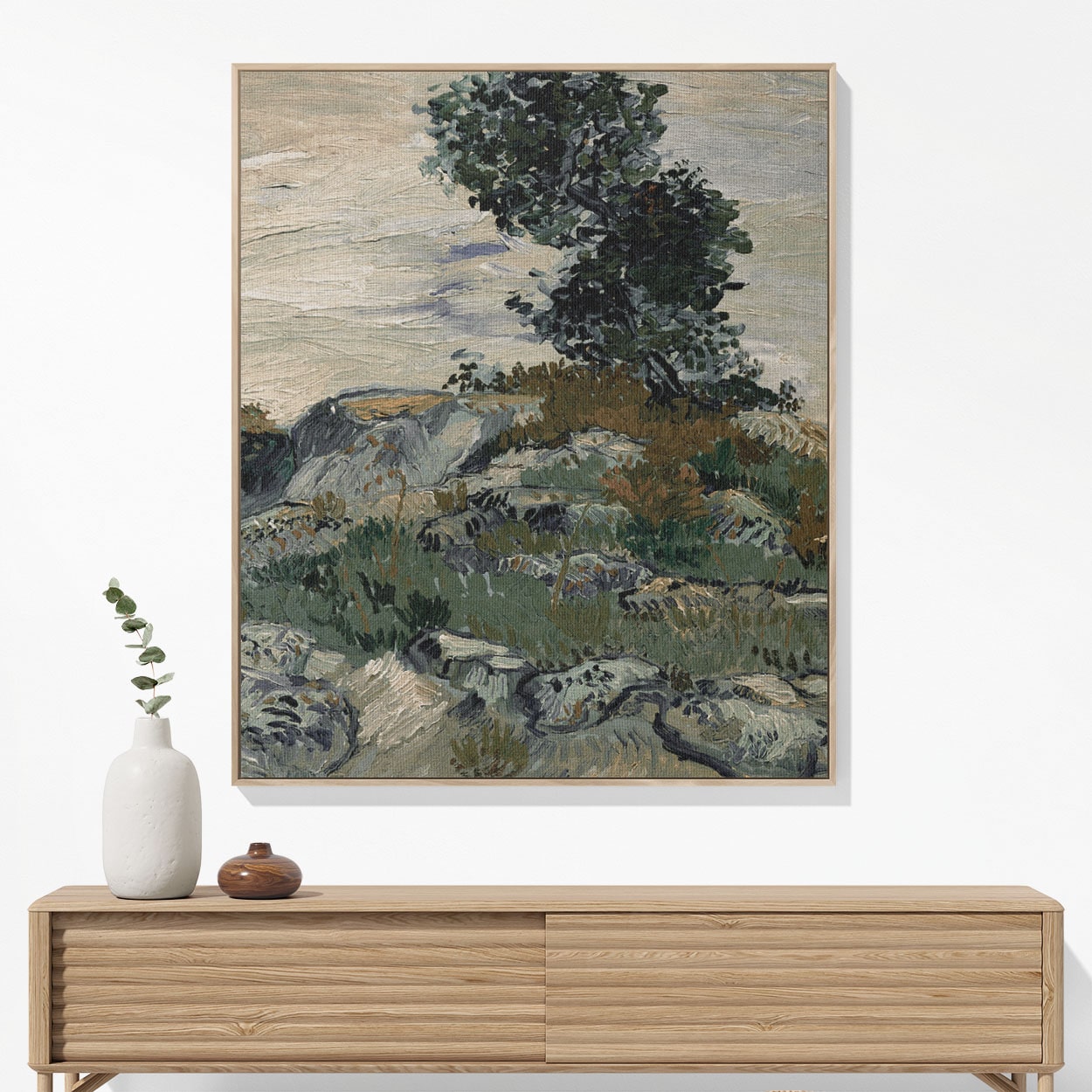 Green Aesthetic Landscape Woven Blanket Hanging on a Wall as Framed Wall Art