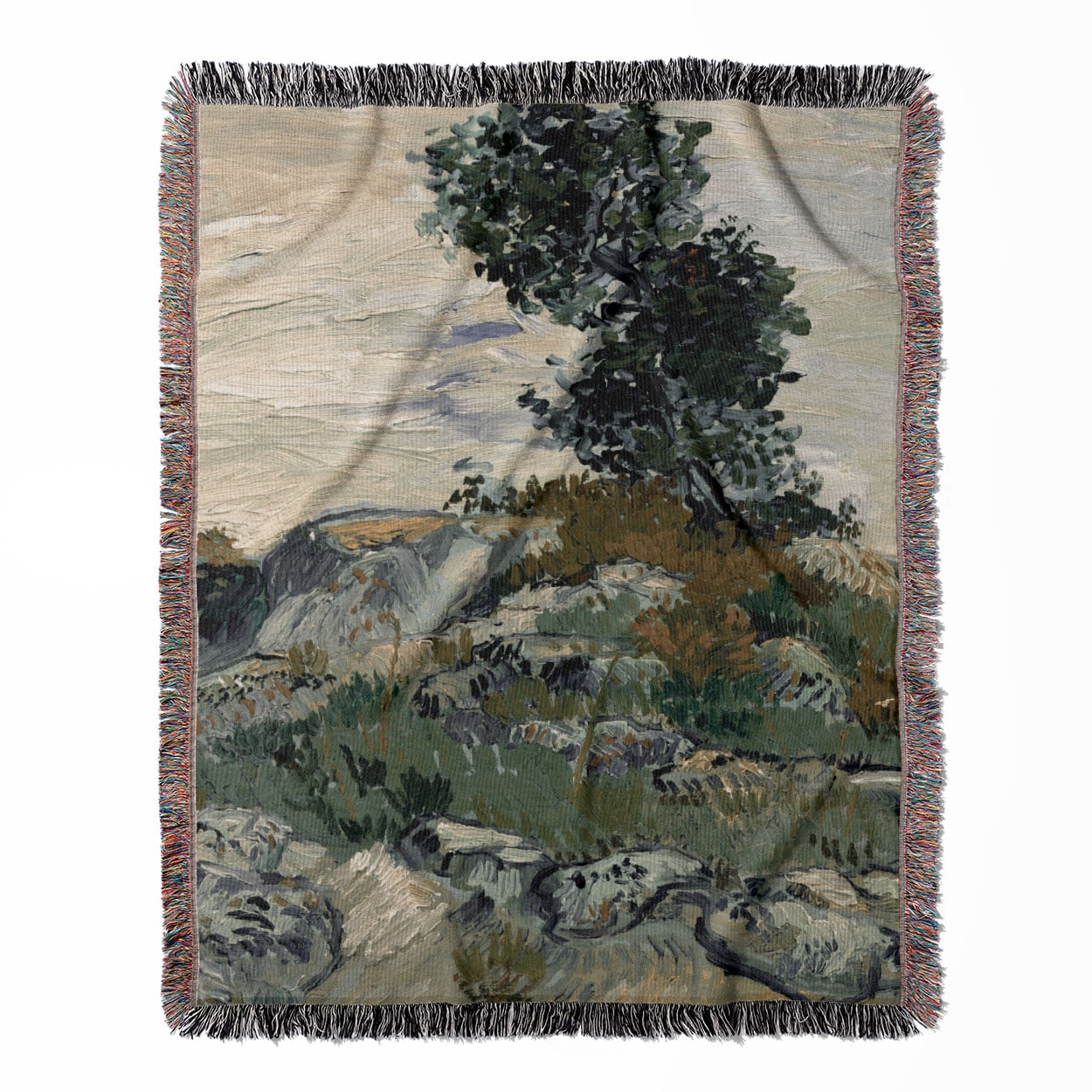 Green Aesthetic Landscape woven throw blanket, made of 100% cotton, featuring a soft and cozy texture with a nature theme for home decor.