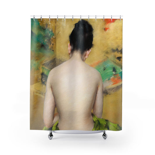 Green Aesthetic Shower Curtain with Japanese painting design, artistic bathroom decor featuring traditional Japanese art.
