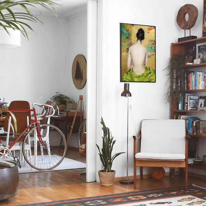 Eclectic living room with a road bike, bookshelf and house plants that features framed artwork of a Woman Wrapped in a Green Towel After a Bath above a chair and lamp