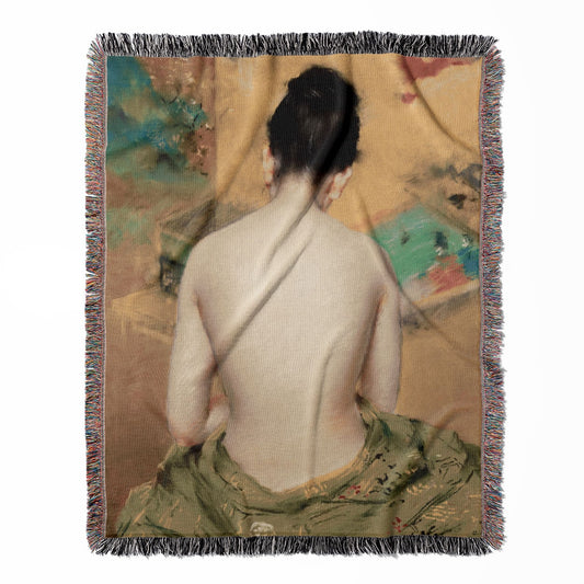 Green Aesthetic woven throw blanket, made with 100% cotton, offering a soft and cozy texture with a Japanese painting for home decor.