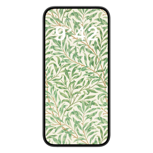 William Morris phone wallpaper background with plants design shown on a phone lock screen, instant download available.