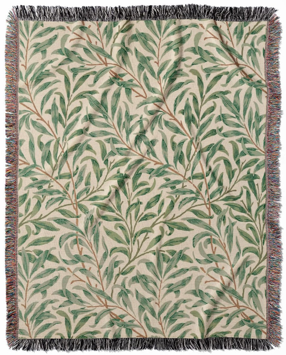 William Morris Green Leaf Pattern woven throw blanket, made of 100% cotton, featuring a soft and cozy texture with a plants design for home decor.