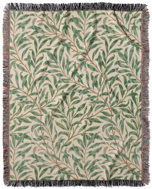 William Morris Green Leaf Pattern woven throw blanket, made of 100% cotton, featuring a soft and cozy texture with a plants design for home decor.