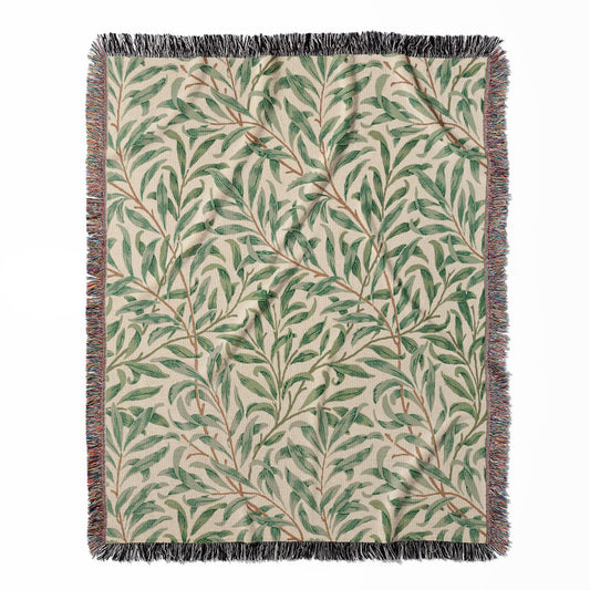 William Morris Green Leaf Pattern woven throw blanket, made of 100% cotton, featuring a soft and cozy texture with a plants design for home decor.