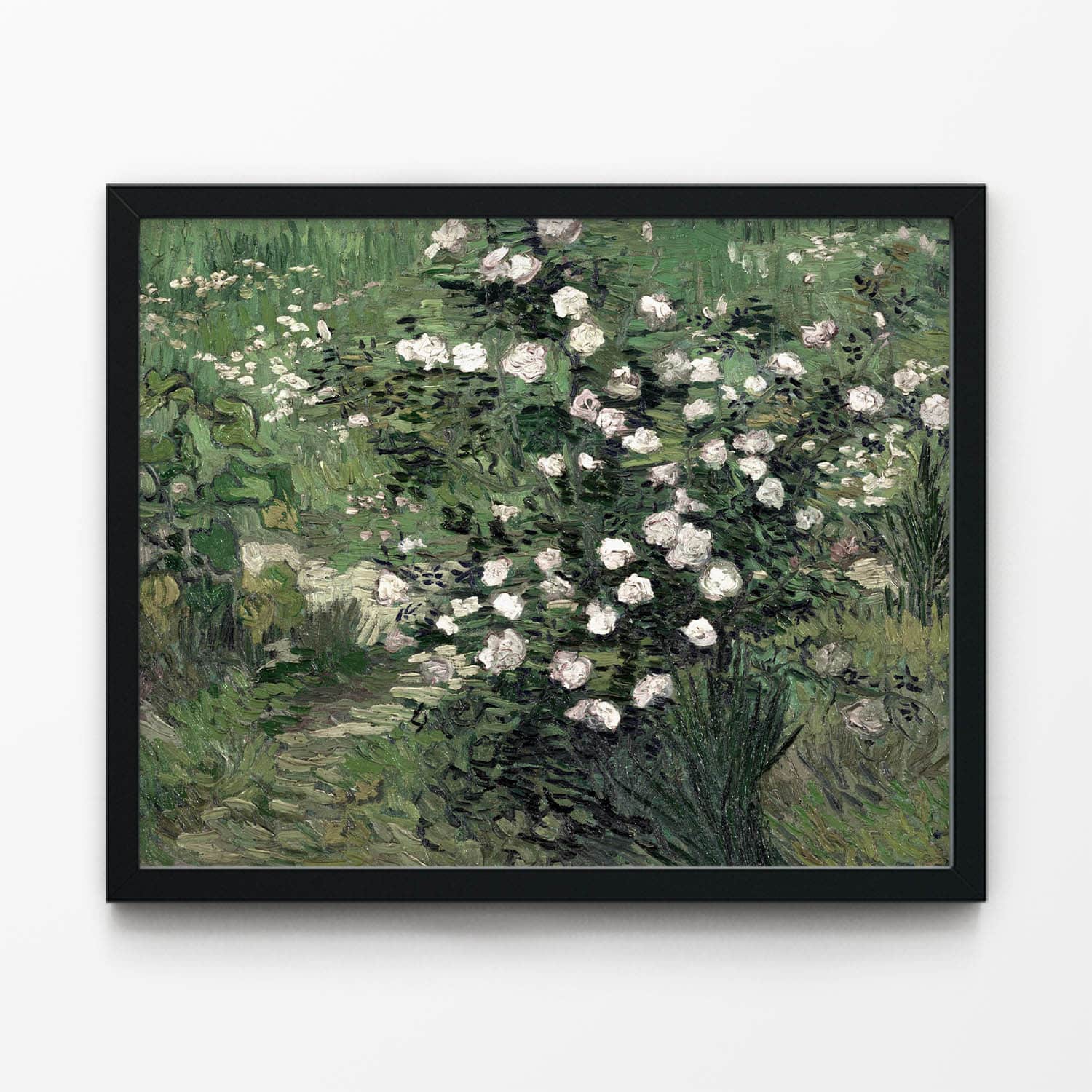 Green with White Flowers Art Print in Black Picture Frame