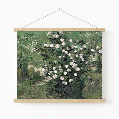 Green with White Flowers Art Print in Wood Hanger Frame on Wall