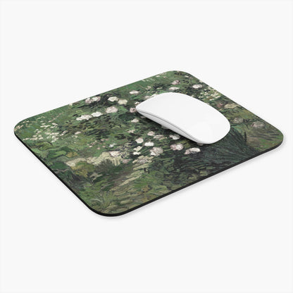 Green with White Flowers Computer Desk Mouse Pad With White Mouse