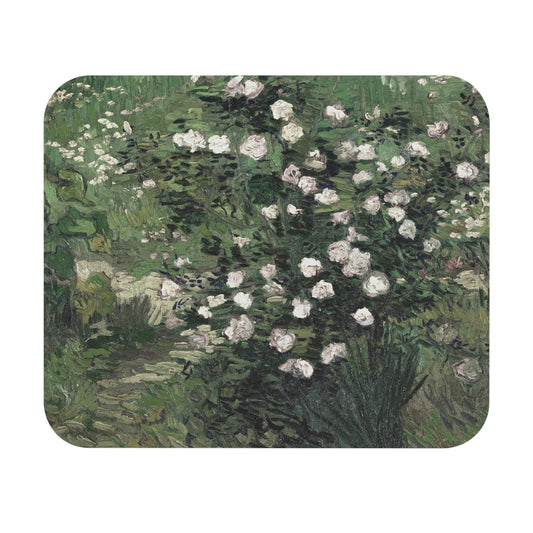 Green and White Floral Mouse Pad with impressionist art, desk and office decor featuring floral designs.
