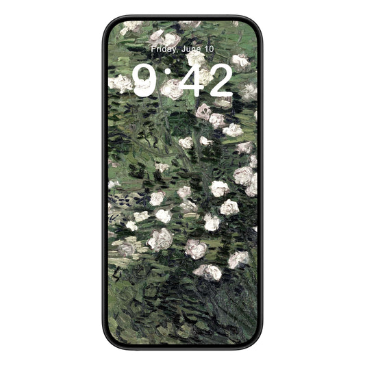 Green and White Floral phone wallpaper background with impressionist design shown on a phone lock screen, instant download available.