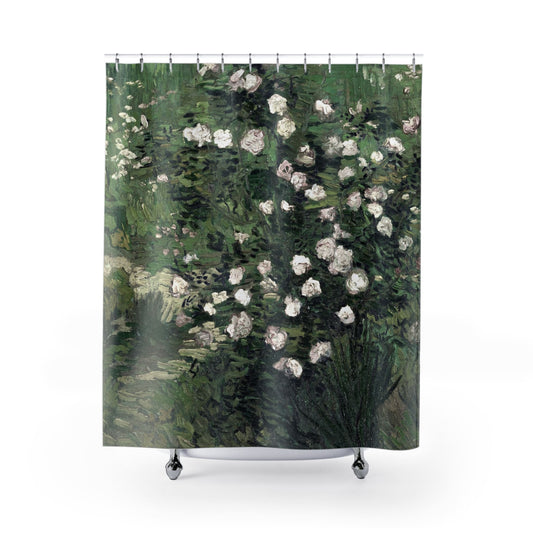 Green and White Floral Shower Curtain with impressionist design, artistic bathroom decor featuring detailed floral patterns.