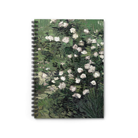 Green and White Floral Notebook with impressionist cover, ideal for journals and planners, showcasing elegant impressionist floral designs.