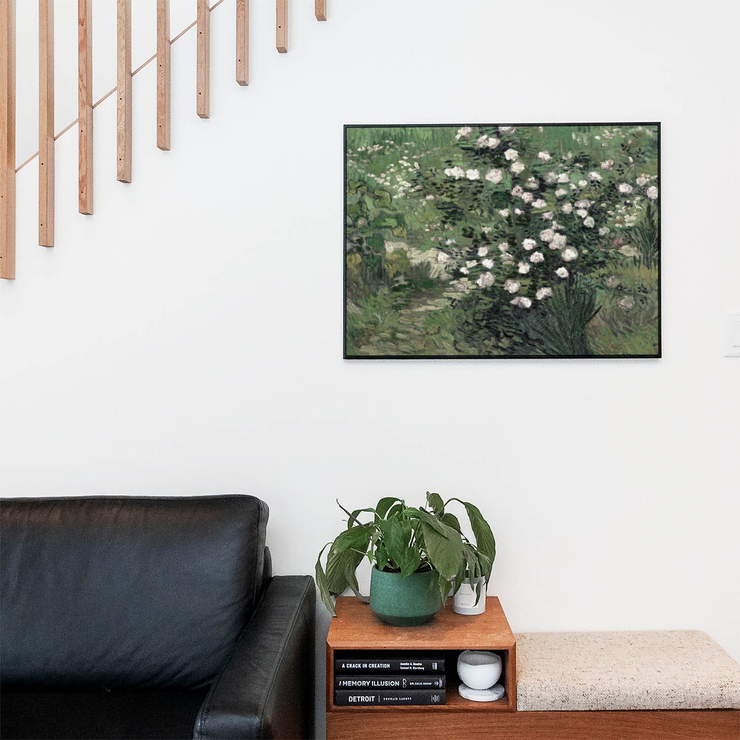 Green with White Flowers Wall Art Print in a Picture Frame on Living Room Wall