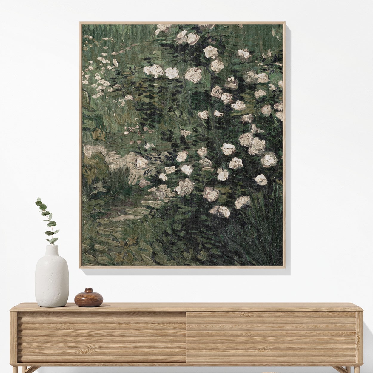 Green with White Flowers Woven Blanket Hanging on a Wall as Framed Wall Art