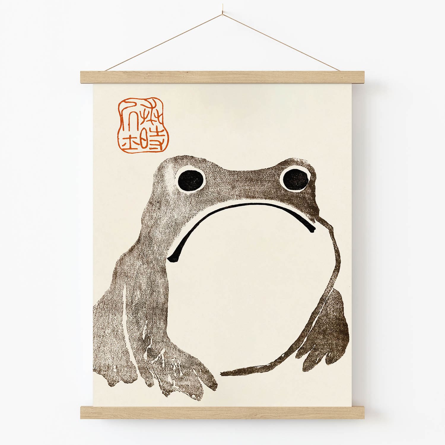 Grumpy Frog Art Print in Wood Hanger Frame on Wall