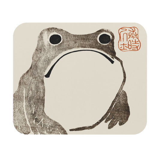 This Grumpy Frog Mouse Pad features a whimsical frog illustration with bold, minimalistic lines and a red seal stamp, adding a touch of funny and sad charm to your desk decor.