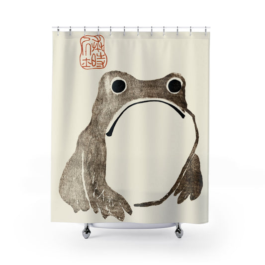 Grumpy Frog Shower Curtain with sad frog design, whimsical bathroom decor featuring cute frog art.