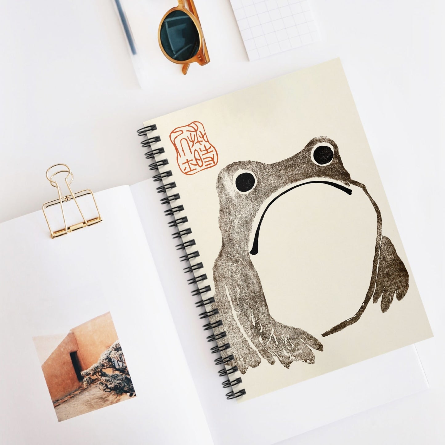 Grumpy Frog Spiral Notebook Displayed on Desk
