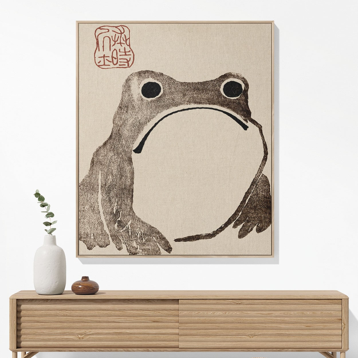 Grumpy Frog Woven Blanket Woven Blanket Hanging on a Wall as Framed Wall Art