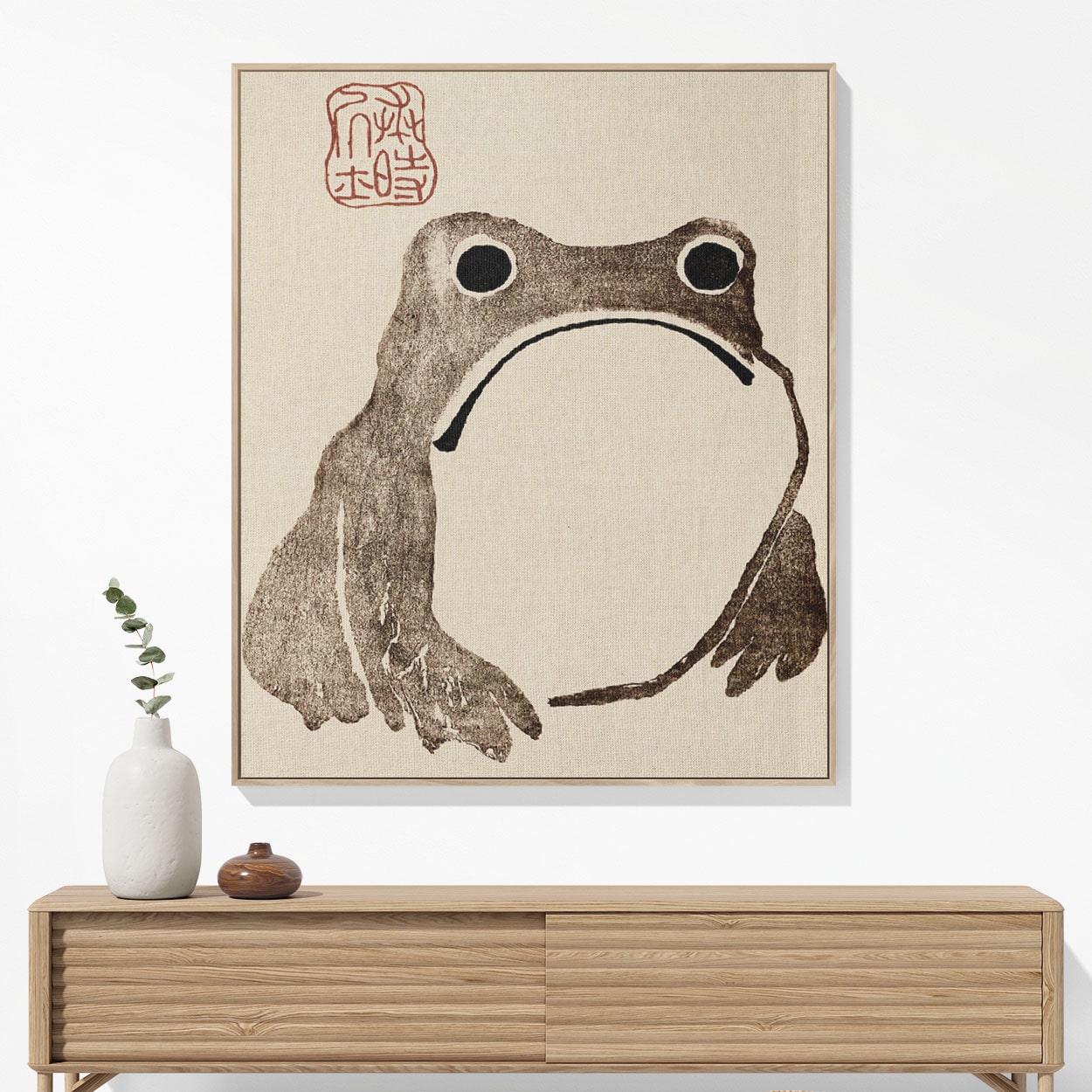 Grumpy Frog Woven Blanket Hanging on a Wall as Framed Wall Art