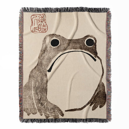 Grumpy Frog Woven Blanket | Funny Sad Frog | Cozy Cotton Throw Blanket