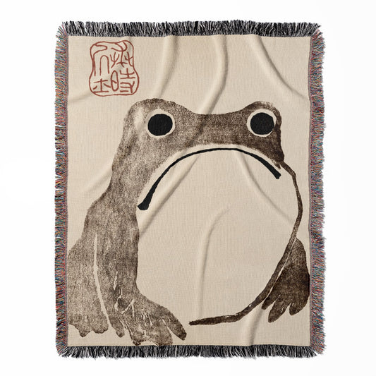 Grumpy Frog Woven Blanket | Funny Sad Frog | Cozy Cotton Throw Blanket