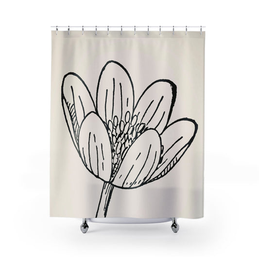 Minimalist Flower Shower Curtain with happy design, cheerful bathroom decor featuring simple floral patterns.