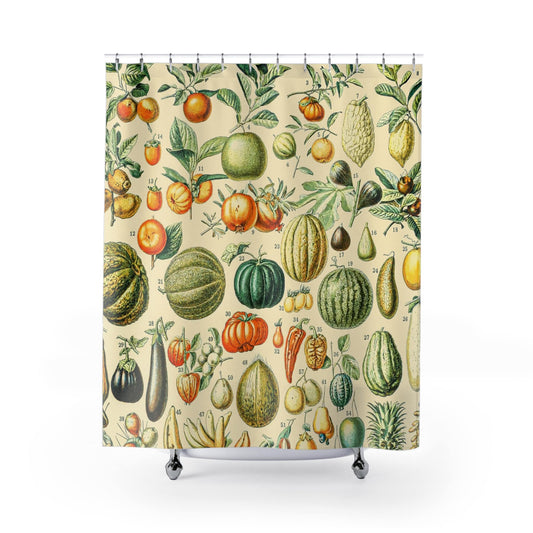 Harvest Shower Curtain with fruit chart design, educational bathroom decor showcasing various fruit species.