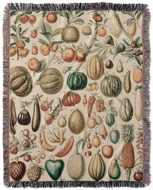 Harvest woven throw blanket, crafted from 100% cotton, delivering a soft and cozy texture with a fruit chart for home decor.