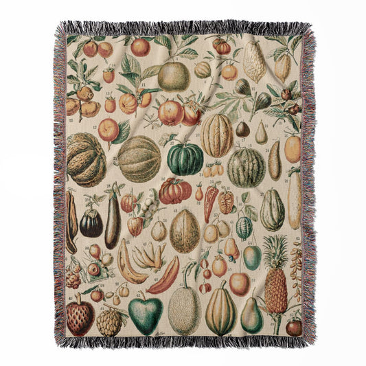 Harvest woven throw blanket, crafted from 100% cotton, delivering a soft and cozy texture with a fruit chart for home decor.