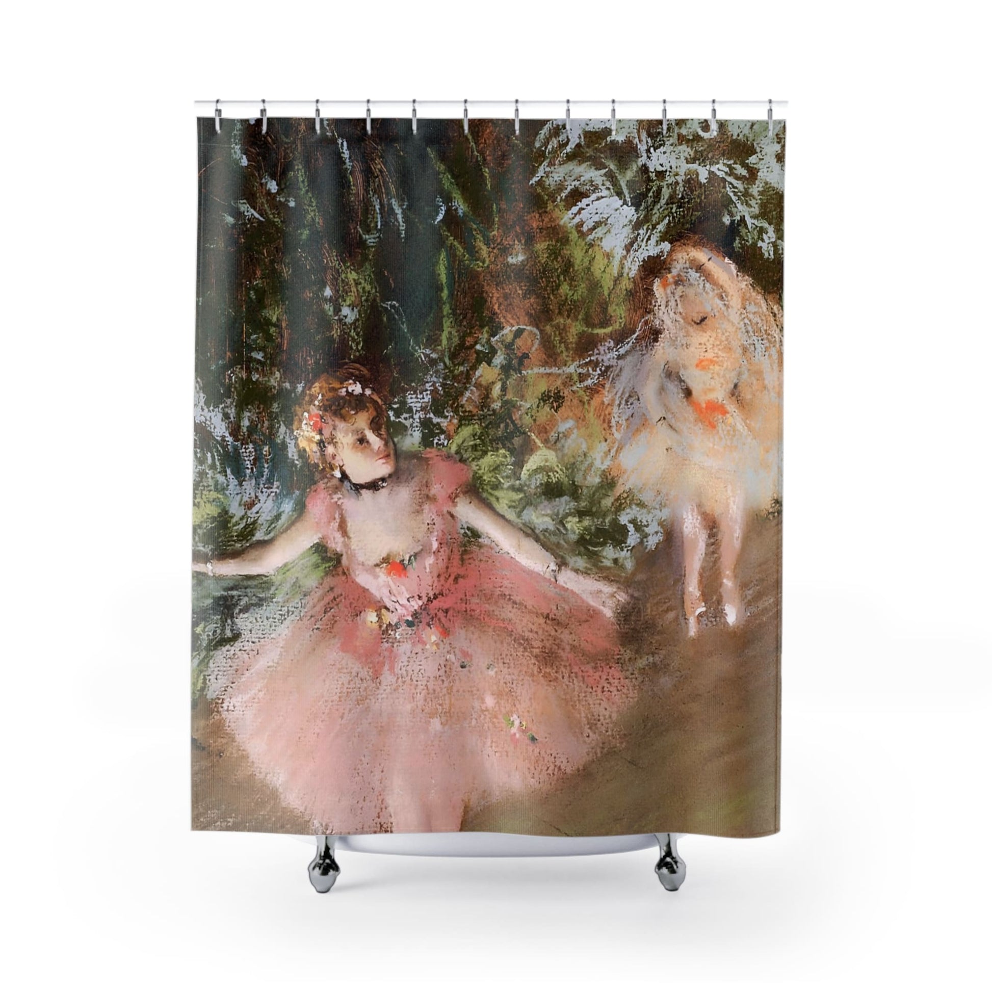 Impressionist Ballerina Shower Curtain with Edgar Degas design, artistic bathroom decor showcasing Degas's ballet art.