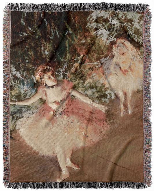 Impressionist Ballerina woven throw blanket, crafted from 100% cotton, offering a soft and cozy texture with an Edgar Degas design for home decor.