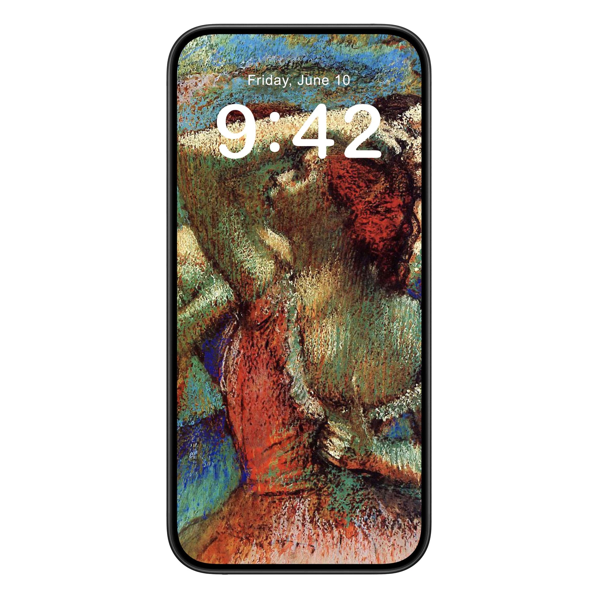 Impressionist phone wallpaper background with degas dancers design shown on a phone lock screen, instant download available.