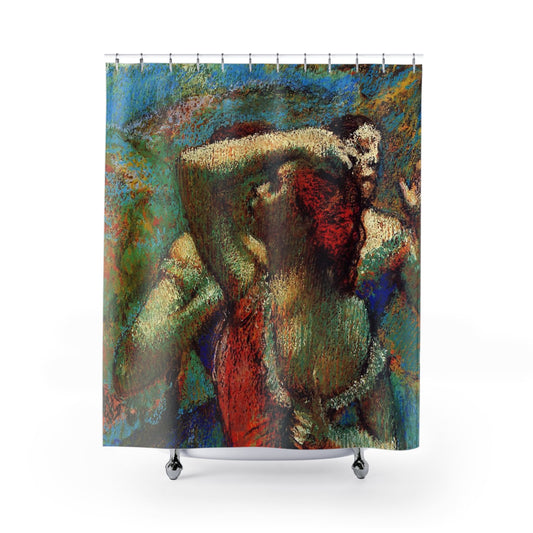 Impressionist Shower Curtain with Degas dancers design, artistic bathroom decor featuring Degas's ballet paintings.