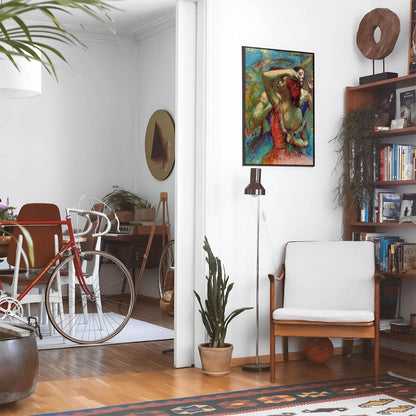 Eclectic living room with a road bike, bookshelf and house plants that features framed artwork of a Woman in a Red Dress above a chair and lamp