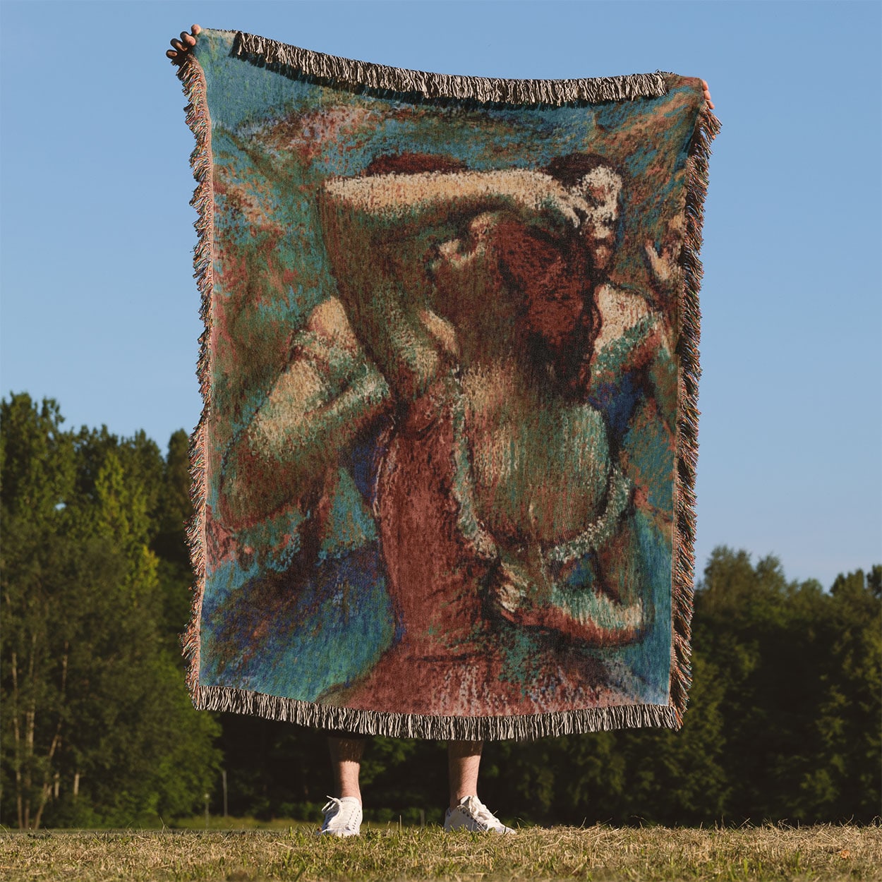 Impressionist Woven Blanket Held Up Outside