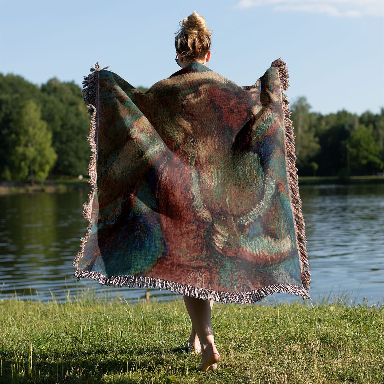 Impressionist Woven Blanket Held on a Woman's Back Outside