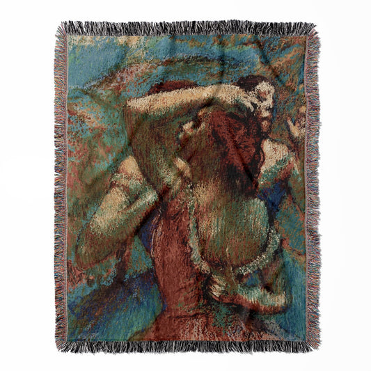 Impressionist woven throw blanket, crafted from 100% cotton, offering a soft and cozy texture with a Degas dancers painting for home decor.