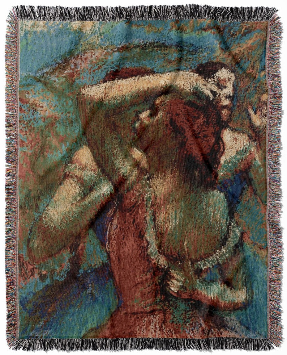 Impressionist woven throw blanket, crafted from 100% cotton, offering a soft and cozy texture with a Degas dancers painting for home decor.