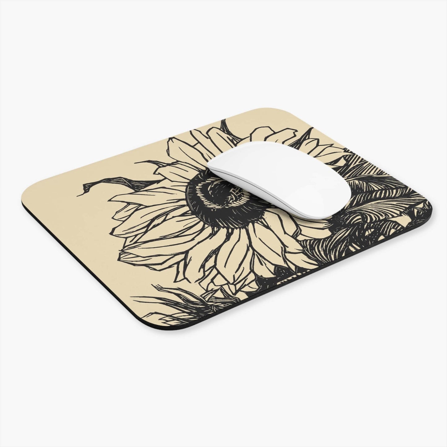 Ink Drawn Flower Computer Desk Mouse Pad With White Mouse