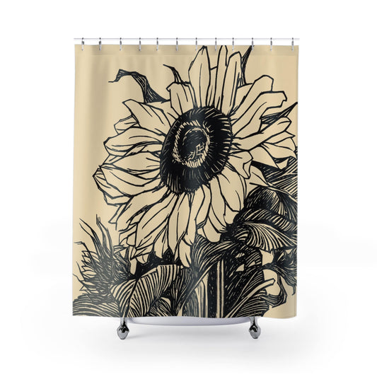 Sunflower Shower Curtain with ink drawing design, artistic bathroom decor featuring detailed sunflower illustrations.