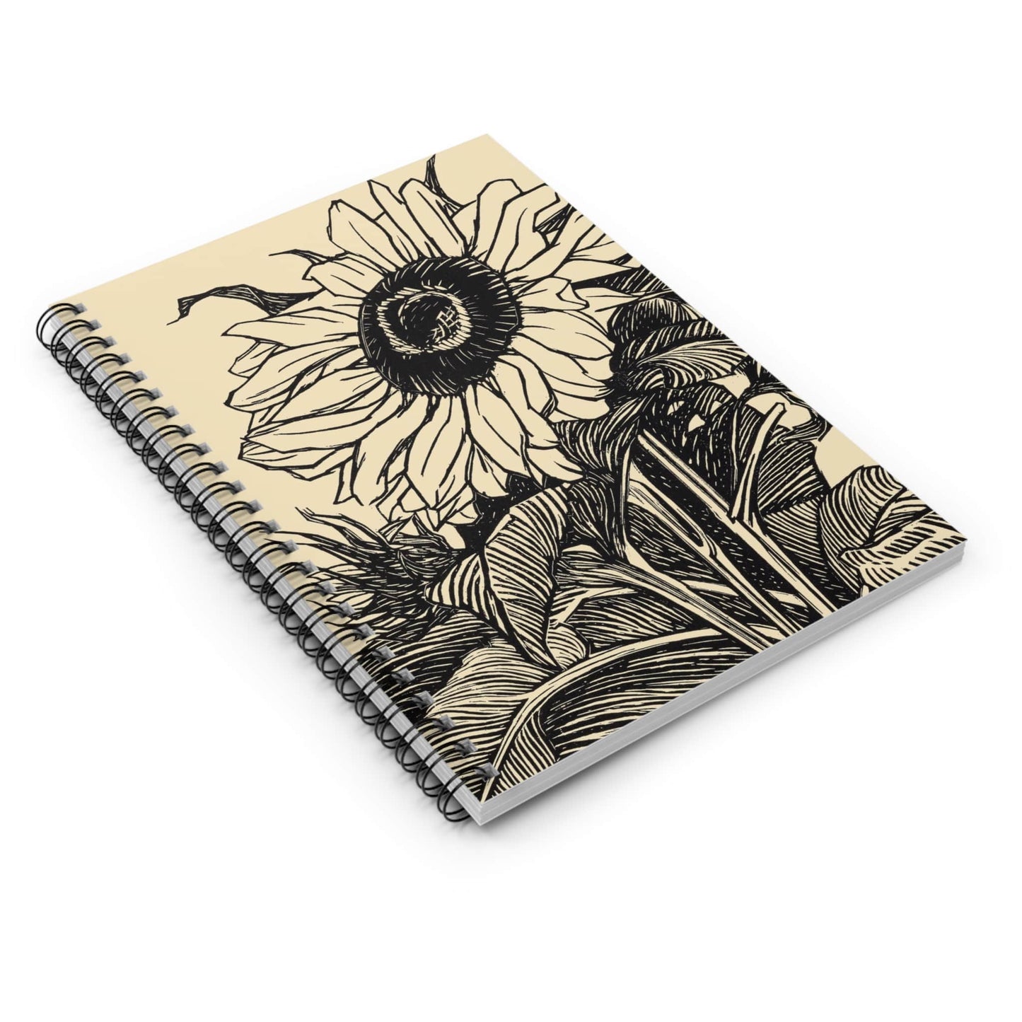 Ink Drawn Flower Spiral Notebook Laying Flat on White Surface