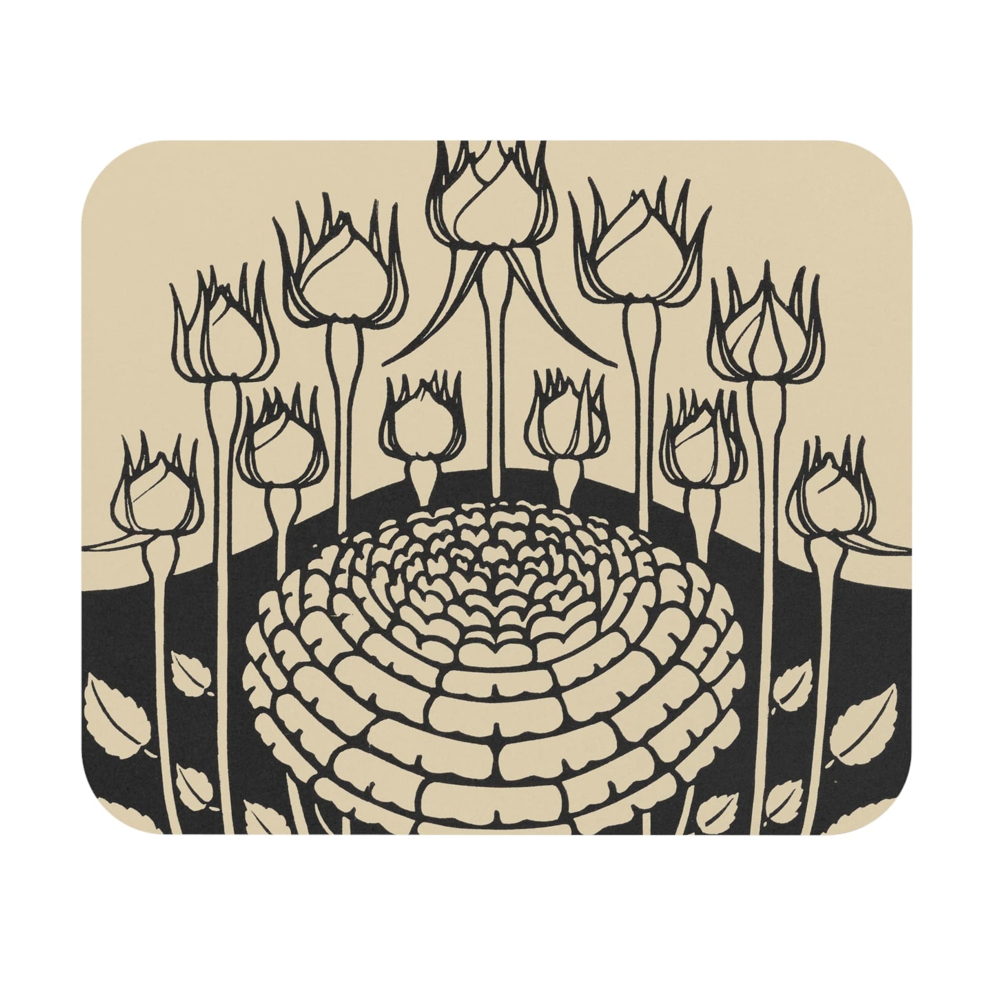 Rose Bush Mouse Pad showcasing ink drawing art, ideal for desk and office decor.