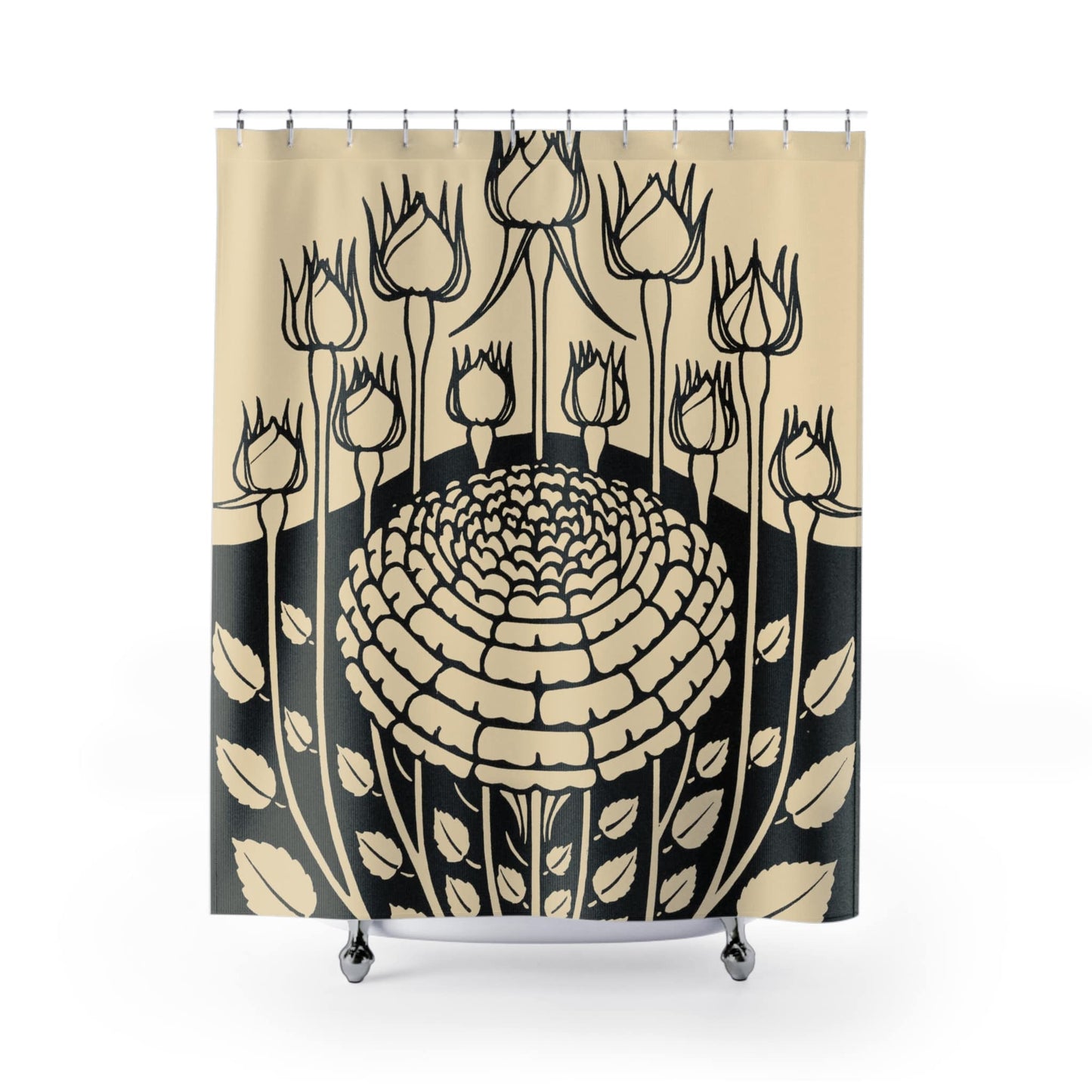 Rose Bush Shower Curtain with ink drawing design, artistic bathroom decor featuring detailed rose illustrations.