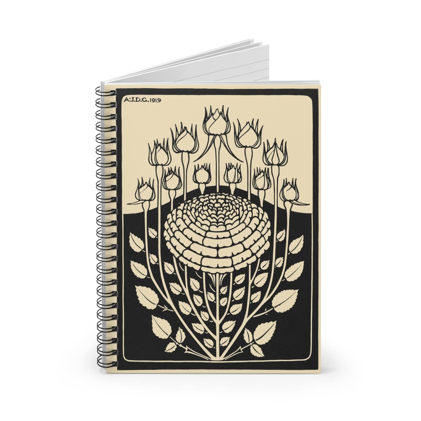 Ink Flower Aesthetic Spiral Notebook Standing up on White Desk