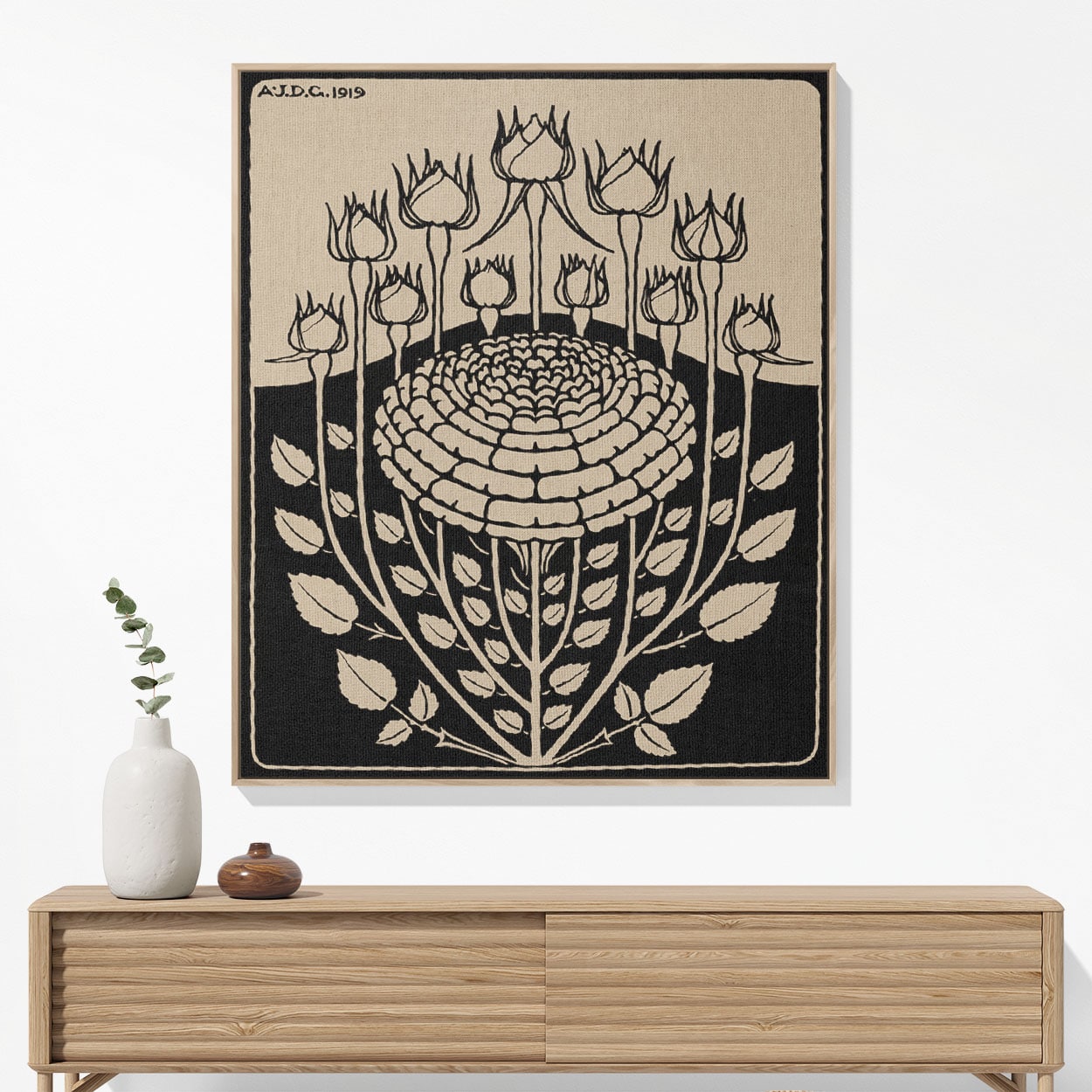 Ink Flower Aesthetic Woven Blanket Woven Blanket Hanging on a Wall as Framed Wall Art