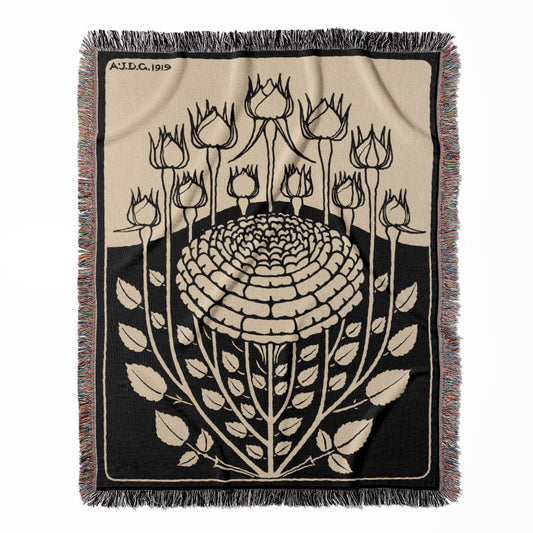 Rose Bush woven throw blanket, made with 100% cotton, providing a soft and cozy texture with an ink drawing design for home decor.