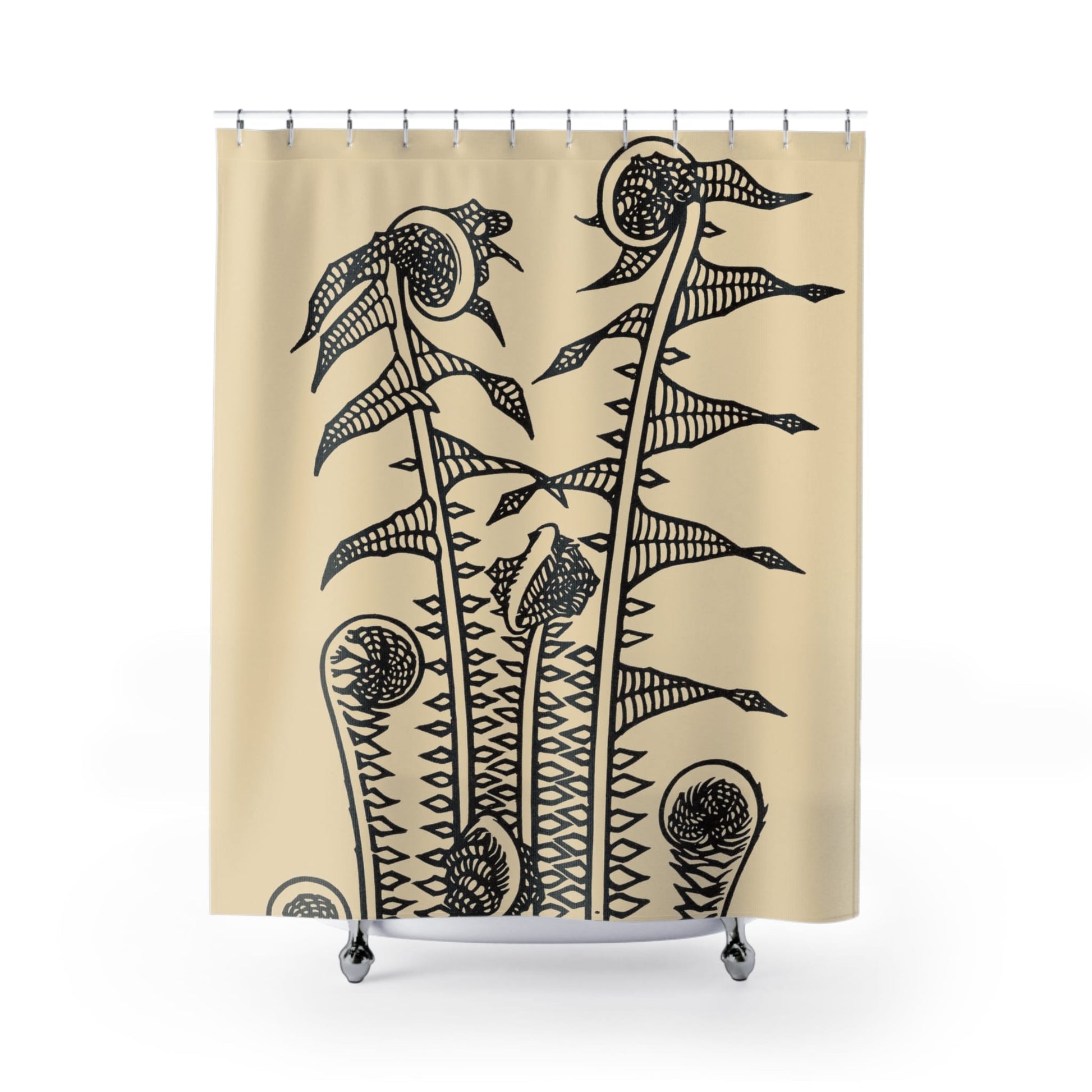 Ink Plants Shower Curtain with Julie de Graag design, nature-inspired bathroom decor showcasing intricate plant art.