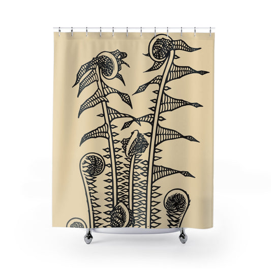 Ink Plants Shower Curtain with Julie de Graag design, nature-inspired bathroom decor showcasing intricate plant art.